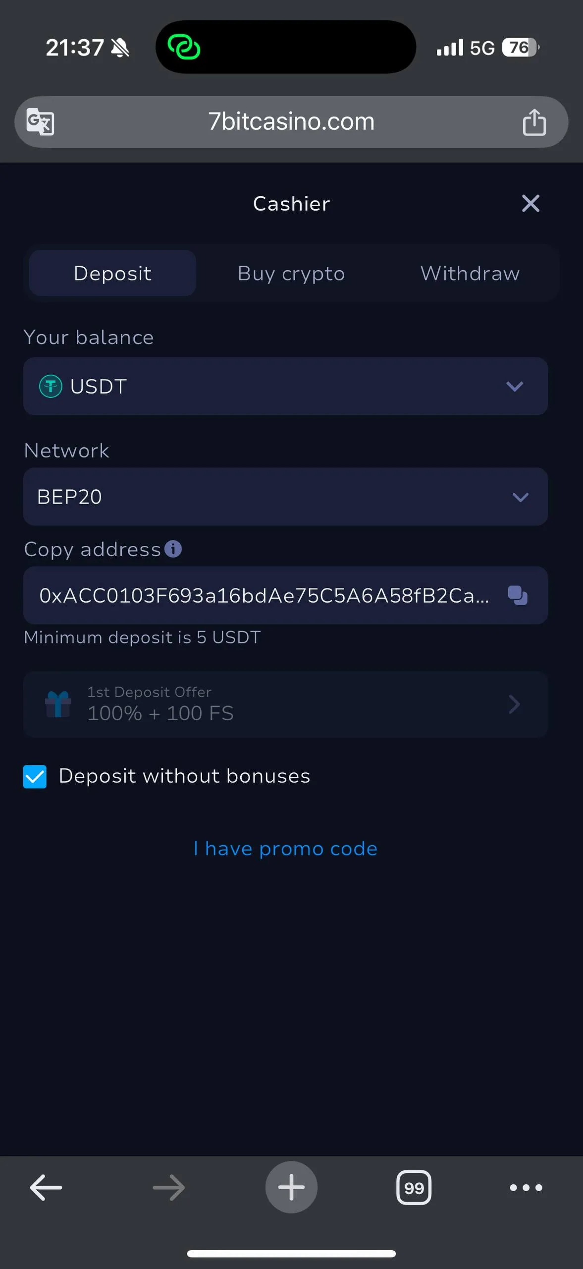 7Bit Casino deposit confirmation screenshot
