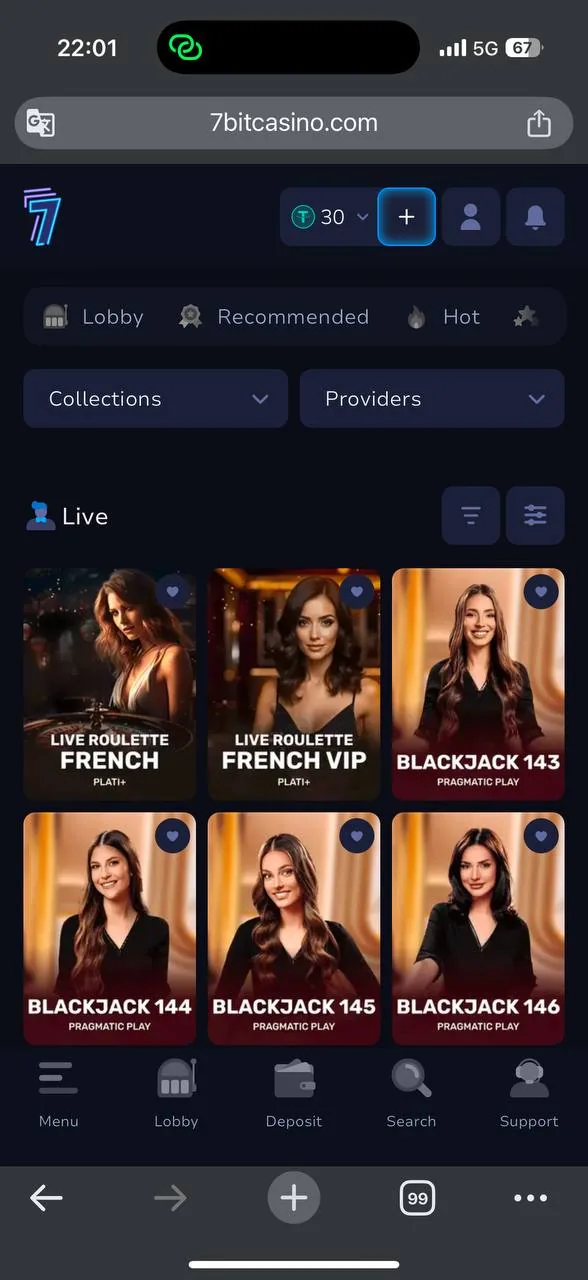 7Bit Casino live dealer section — viewed but not used for wagering, per the rules above screenshot