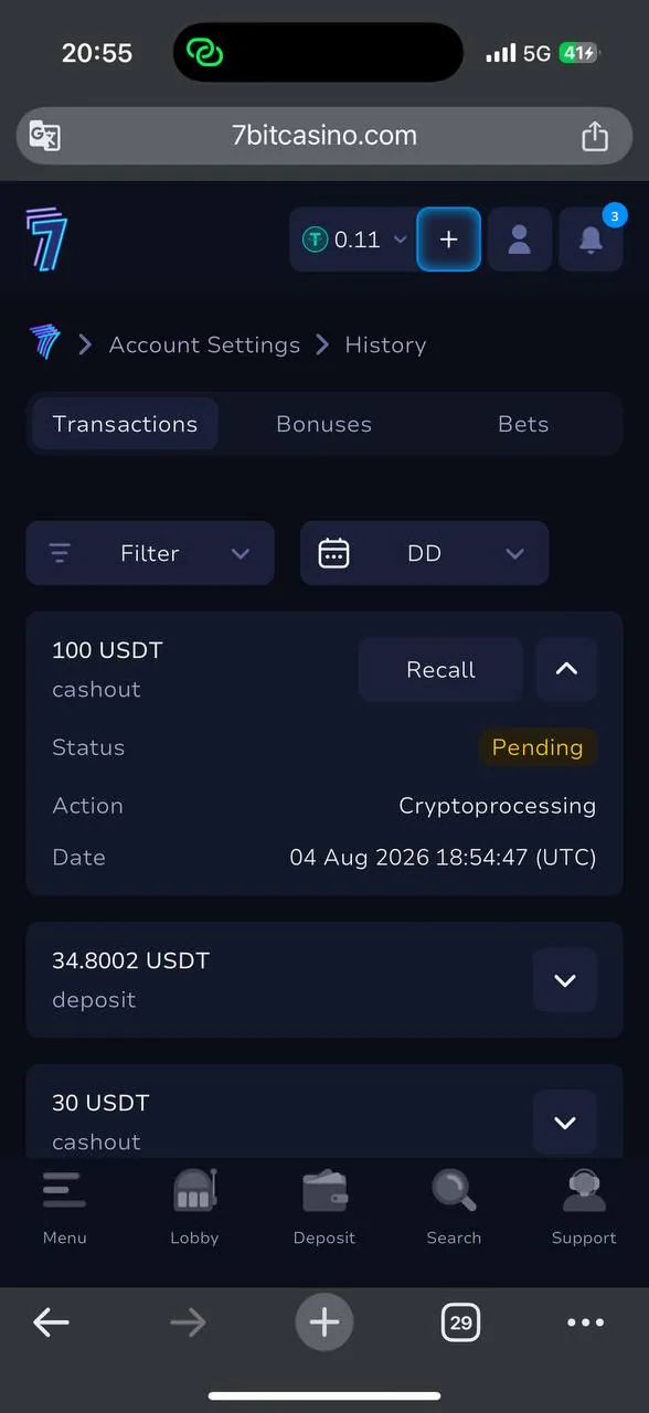 7Bit Casino Withdraw section — methods, minimums, fees screenshot