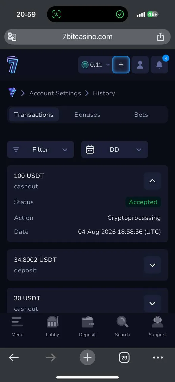 7Bit Casino withdrawal request with exact time screenshot