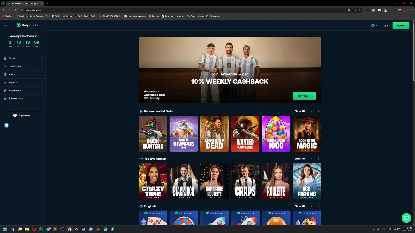 BetPanda before registration — homepage/lobby screenshot