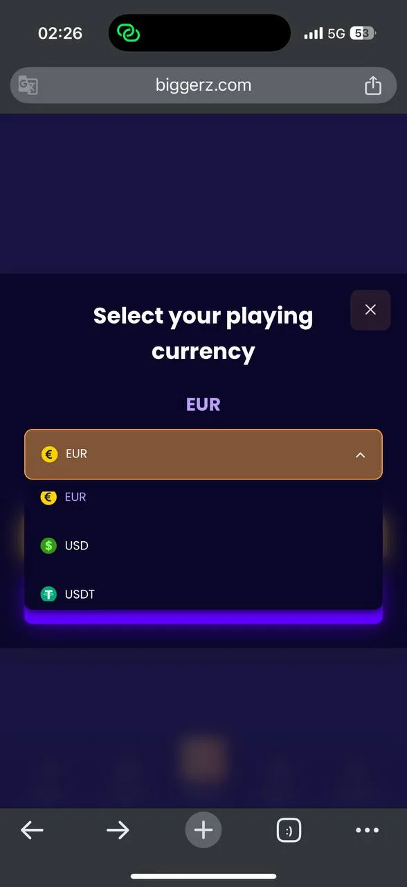 BiggerZ currency restriction notice screenshot
