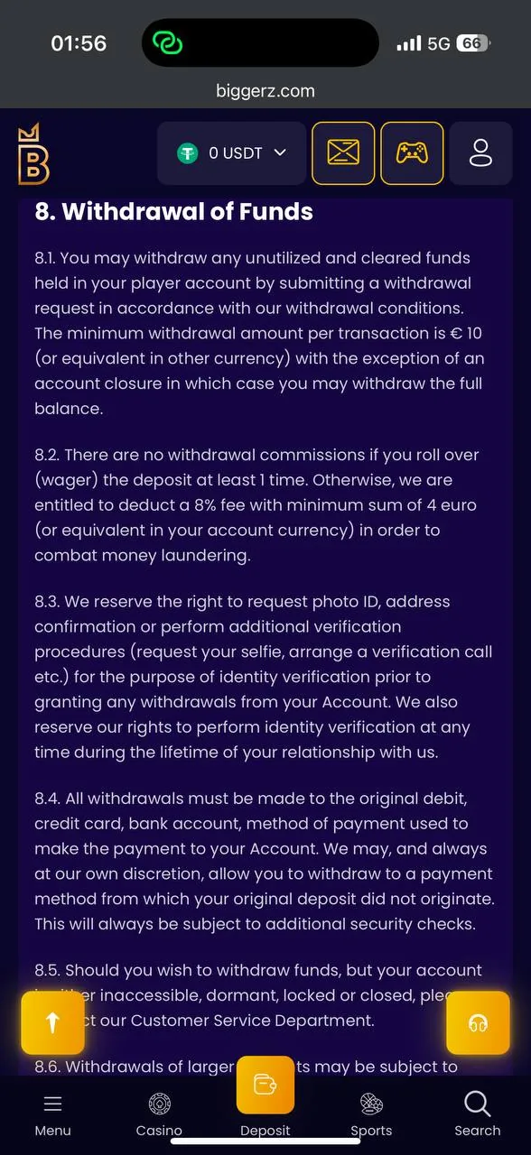 BiggerZ T&C clause on the 8% withdrawal fee screenshot