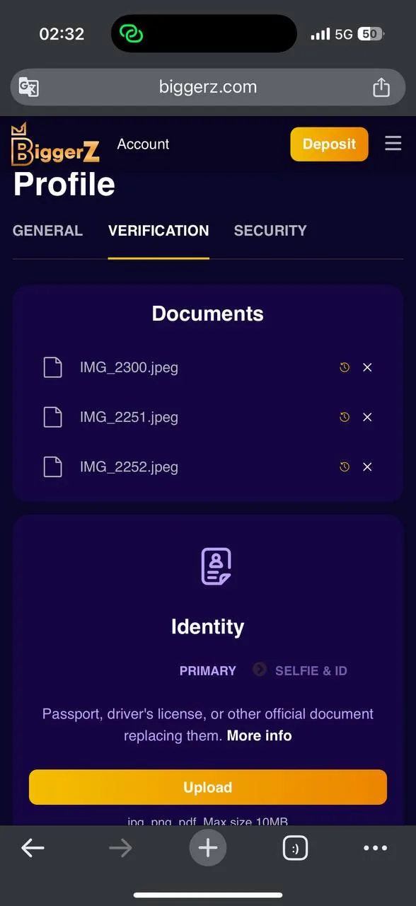 BiggerZ KYC document upload screenshot