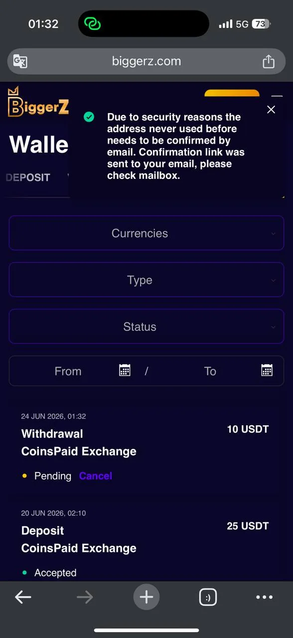 BiggerZ withdrawal request screenshot