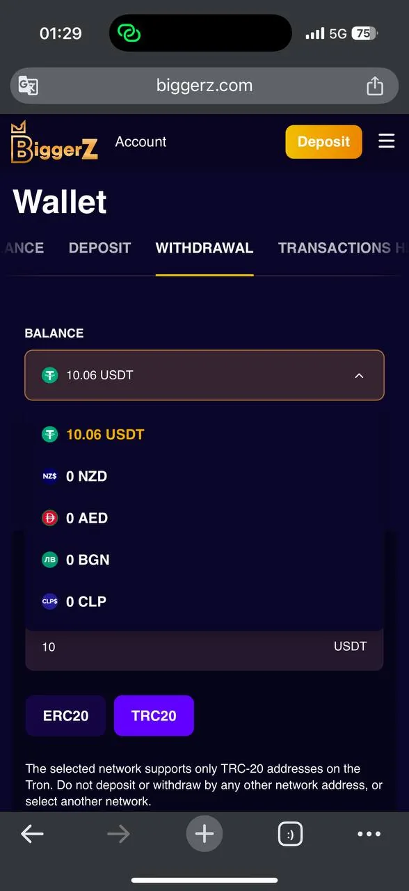BiggerZ withdrawal method screen screenshot