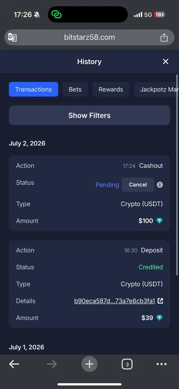 BitStarz transaction history, withdrawal request screenshot