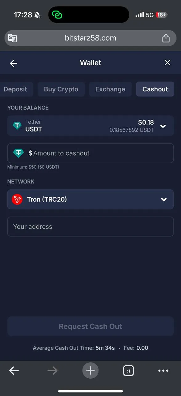 BitStarz cashout form showing Average Cash Out Time and Fee screenshot