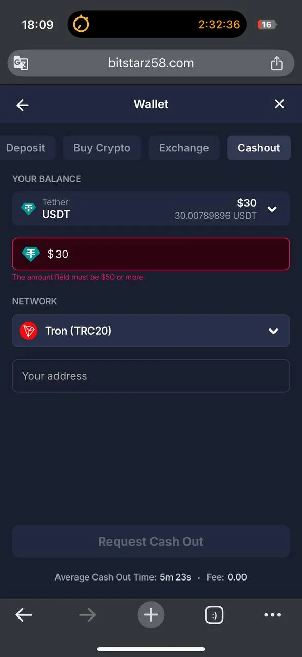 BitStarz attempted $30 withdrawal, minimum-amount error screenshot