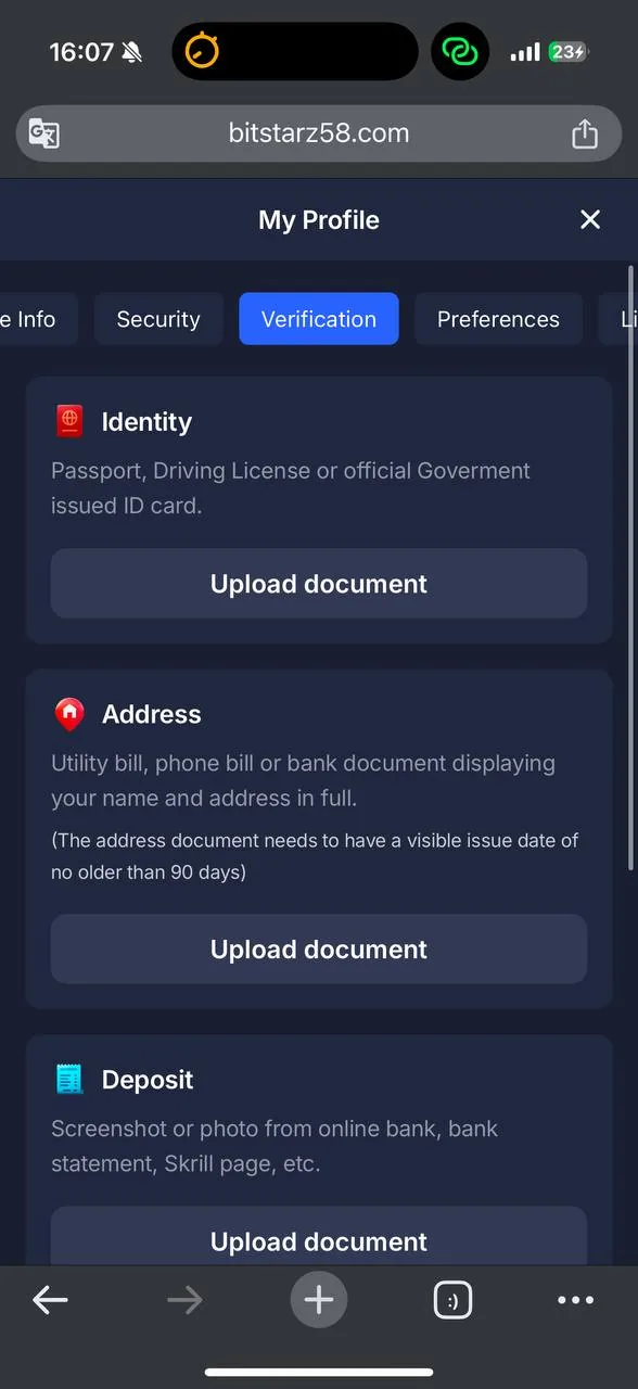 BitStarz Verification section in profile screenshot