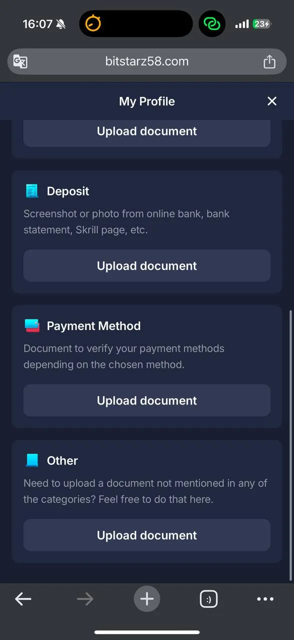 BitStarz full list of document categories screenshot