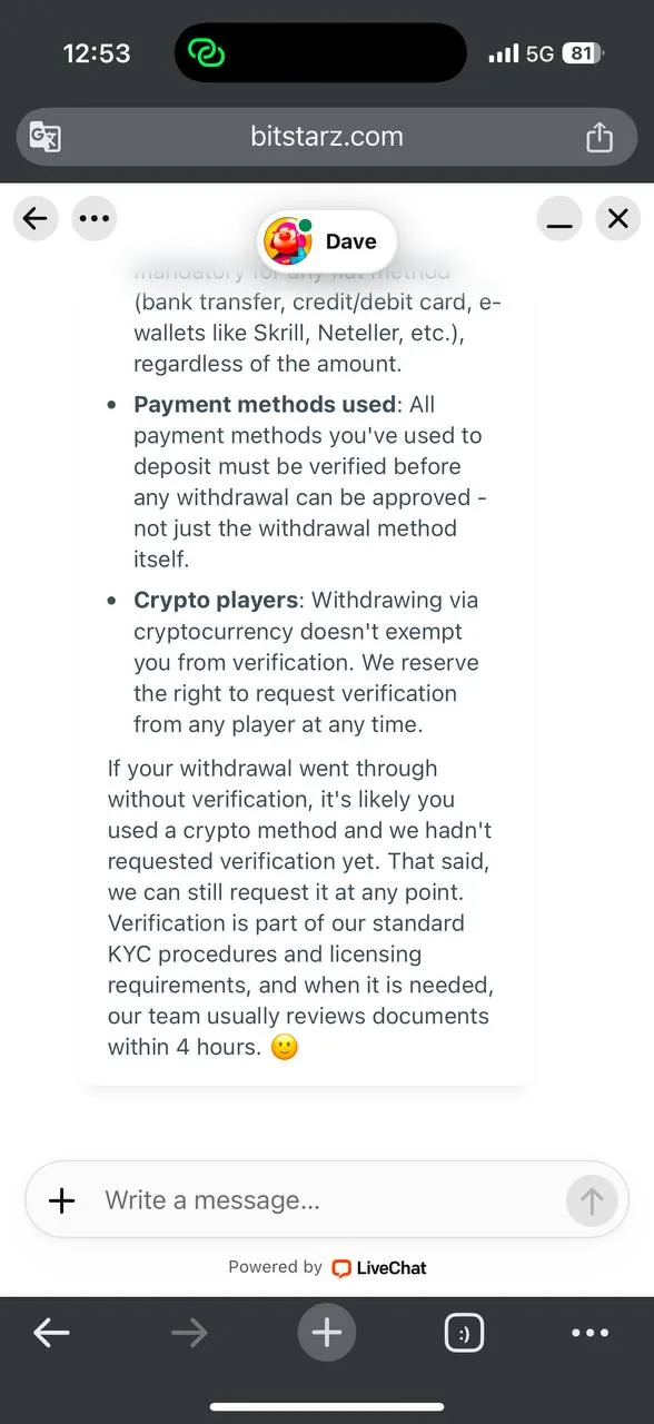 BitStarz support response on KYC policy screenshot