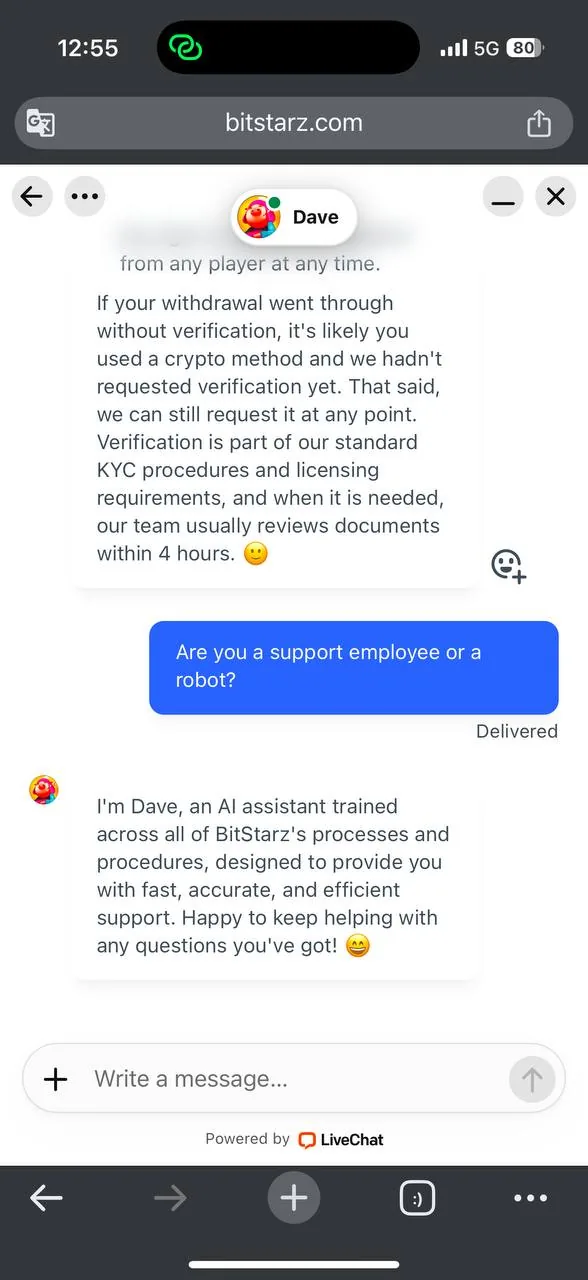 BitStarz bot response confirming it's AI screenshot
