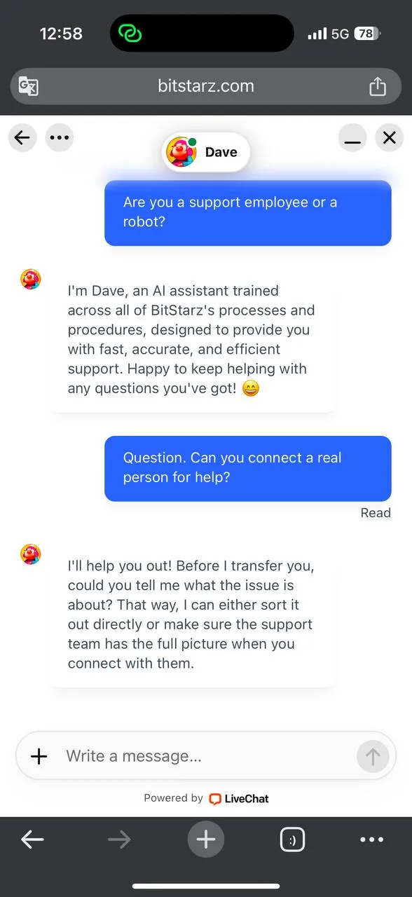 BitStarz request to transfer to a live agent screenshot