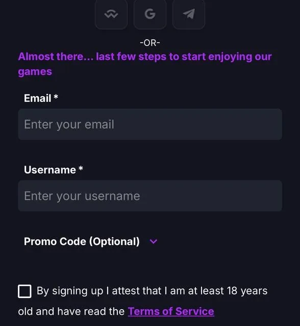 CoinCasino registration flow, showing the email field despite WalletConnect — screenshot 2 of 3