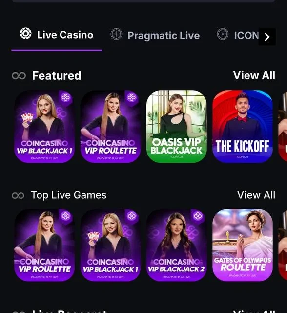 CoinCasino games lobby, sportsbook, Telegram bot, and live dealer screens — screenshot 4 of 5