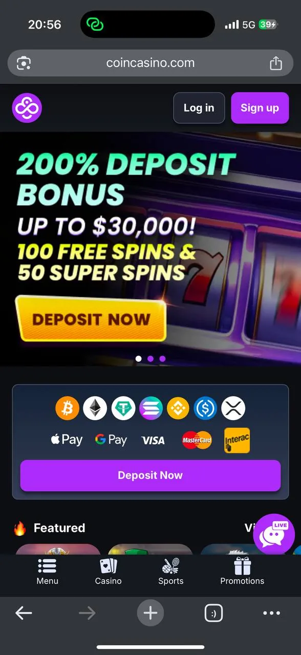 CoinCasino before registration — homepage/lobby screenshot