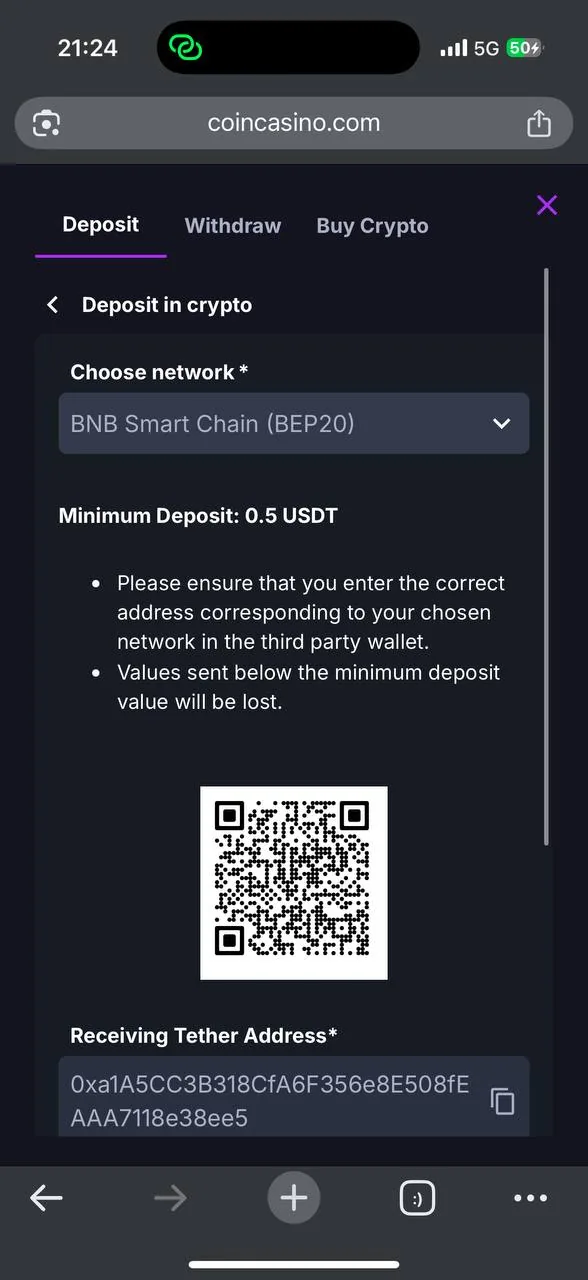 CoinCasino deposit confirmation with TXID screenshot