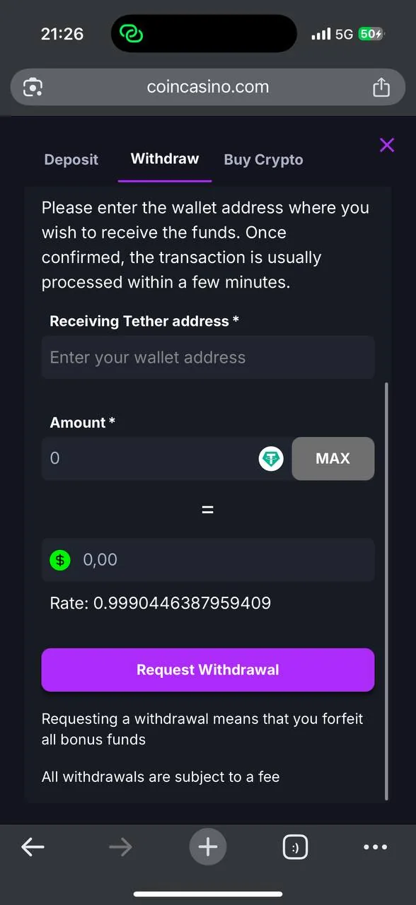 CoinCasino withdrawal request confirmation screenshot