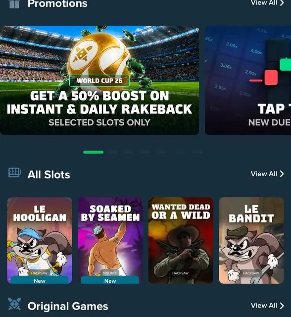 Duelbits lobby, providers, Predict, and Sportsbook — screenshot 1 of 5