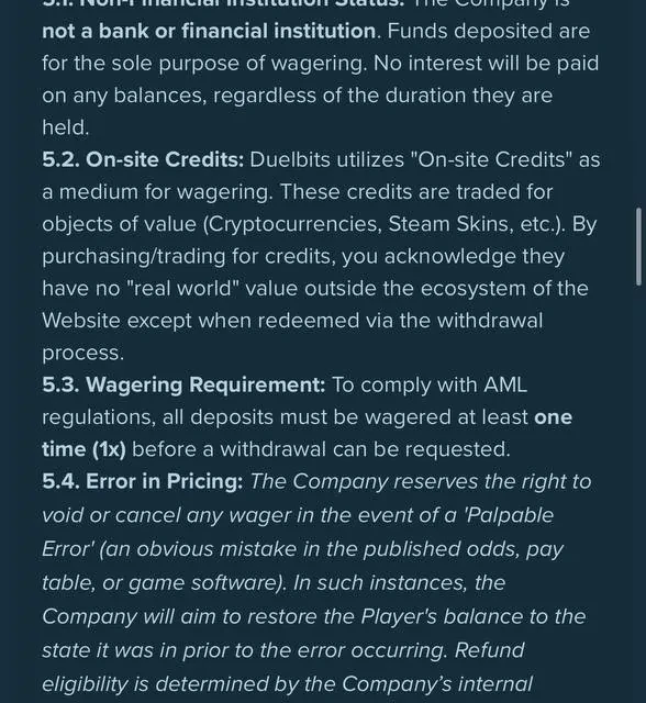 Duelbits Terms & Conditions, sections 5-8 covering deposit wager, KYC threshold, and withdrawal disclaimers — screenshot 1 of 4