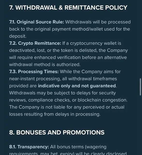 Duelbits Terms & Conditions, sections 5-8 covering deposit wager, KYC threshold, and withdrawal disclaimers — screenshot 2 of 4
