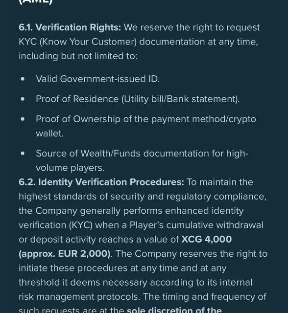 Duelbits Terms & Conditions, sections 5-8 covering deposit wager, KYC threshold, and withdrawal disclaimers — screenshot 3 of 4