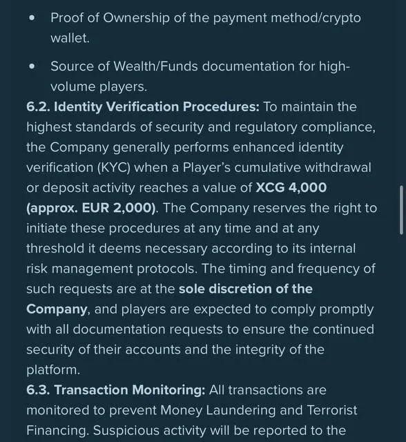 Duelbits Terms & Conditions, sections 5-8 covering deposit wager, KYC threshold, and withdrawal disclaimers — screenshot 4 of 4