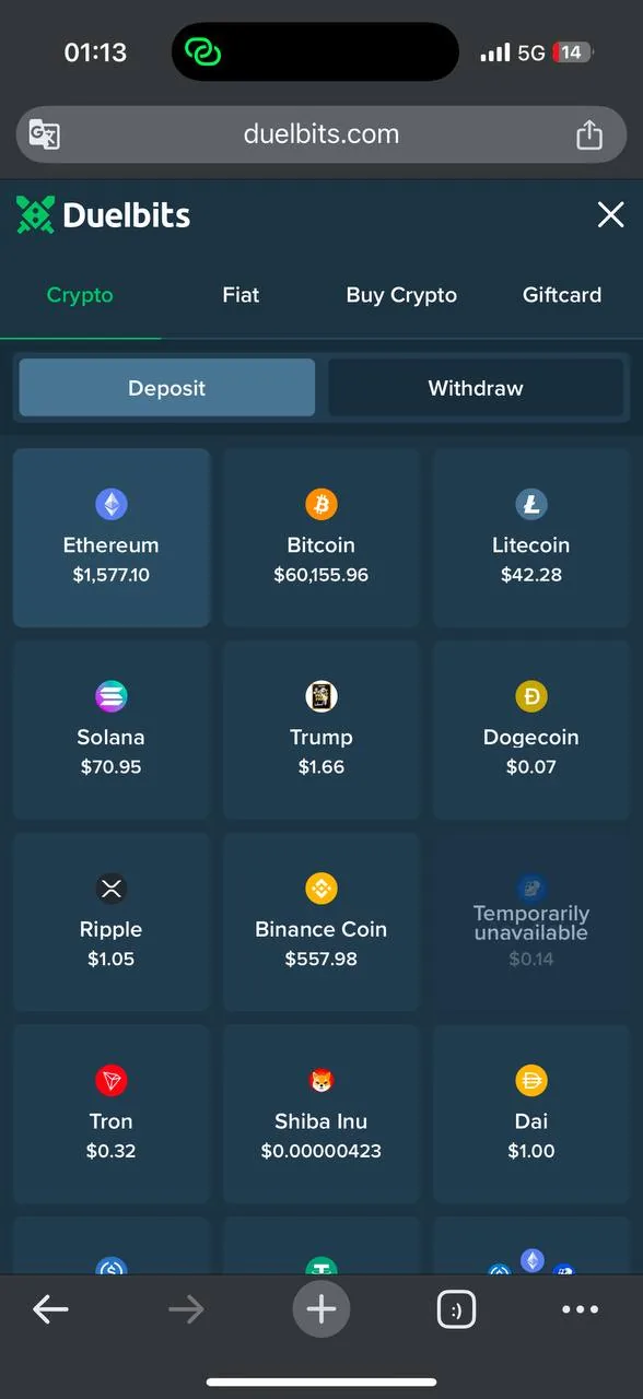 Duelbits before registration — homepage/lobby screenshot