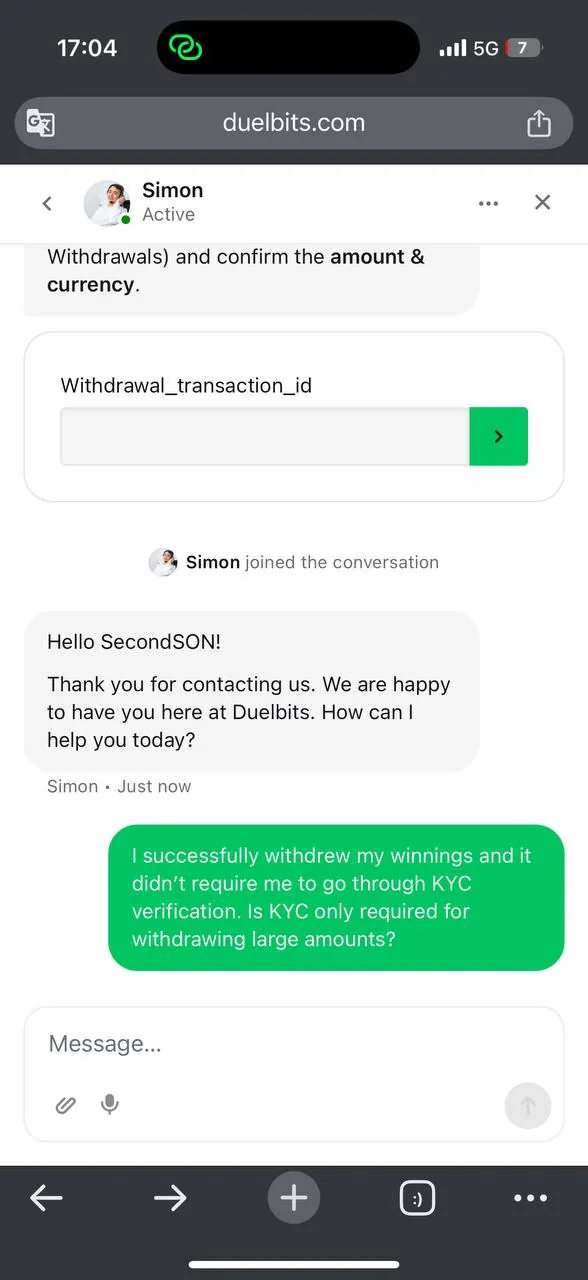 Duelbits support chat conversation screenshot