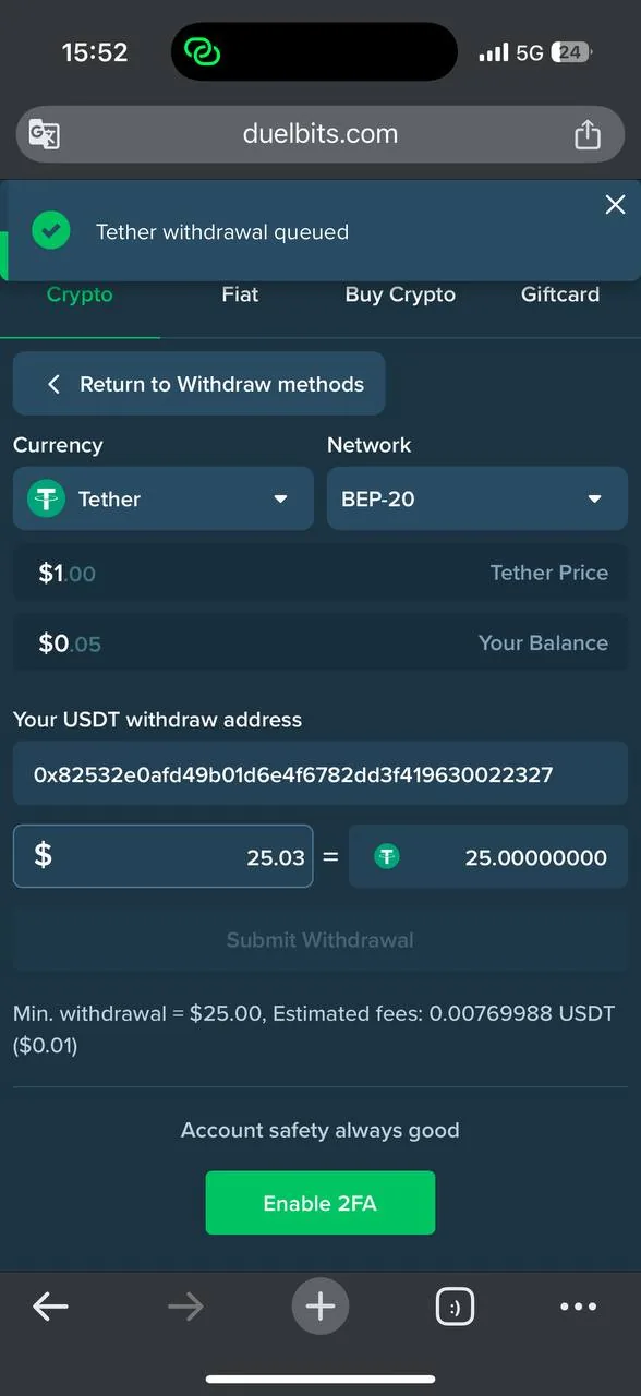 Duelbits withdrawal request confirmation screenshot