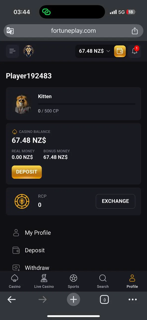 FortunePlay profile showing Real money 0.00, Bonus money 67.48 NZD — immediately after deposit screenshot