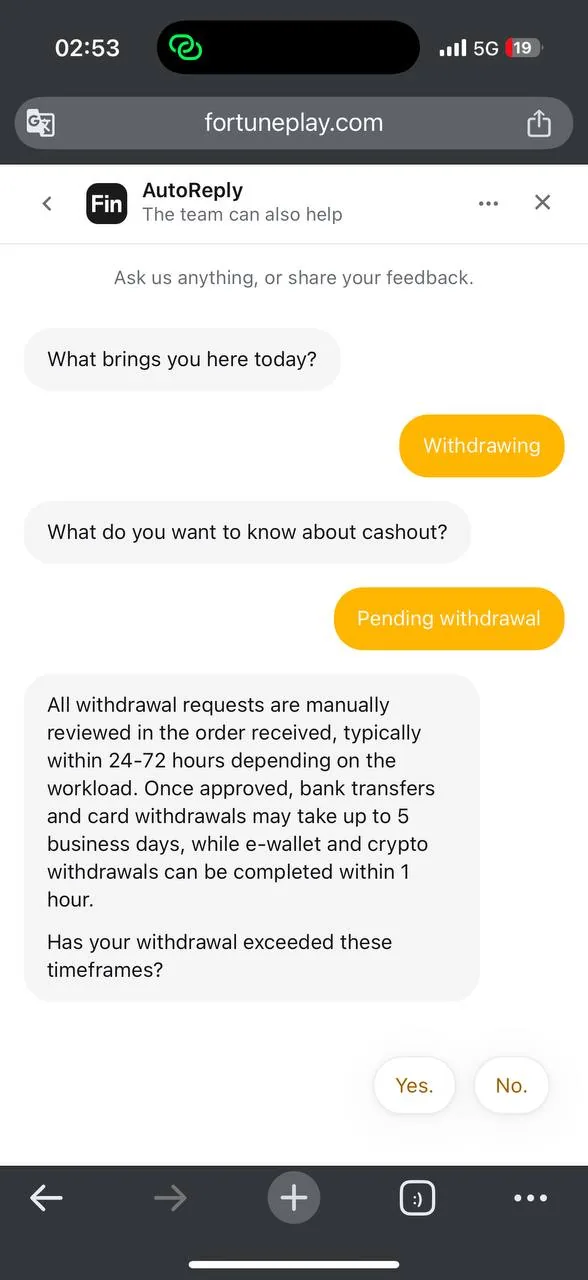 FortunePlay chat — bot AutoReply →