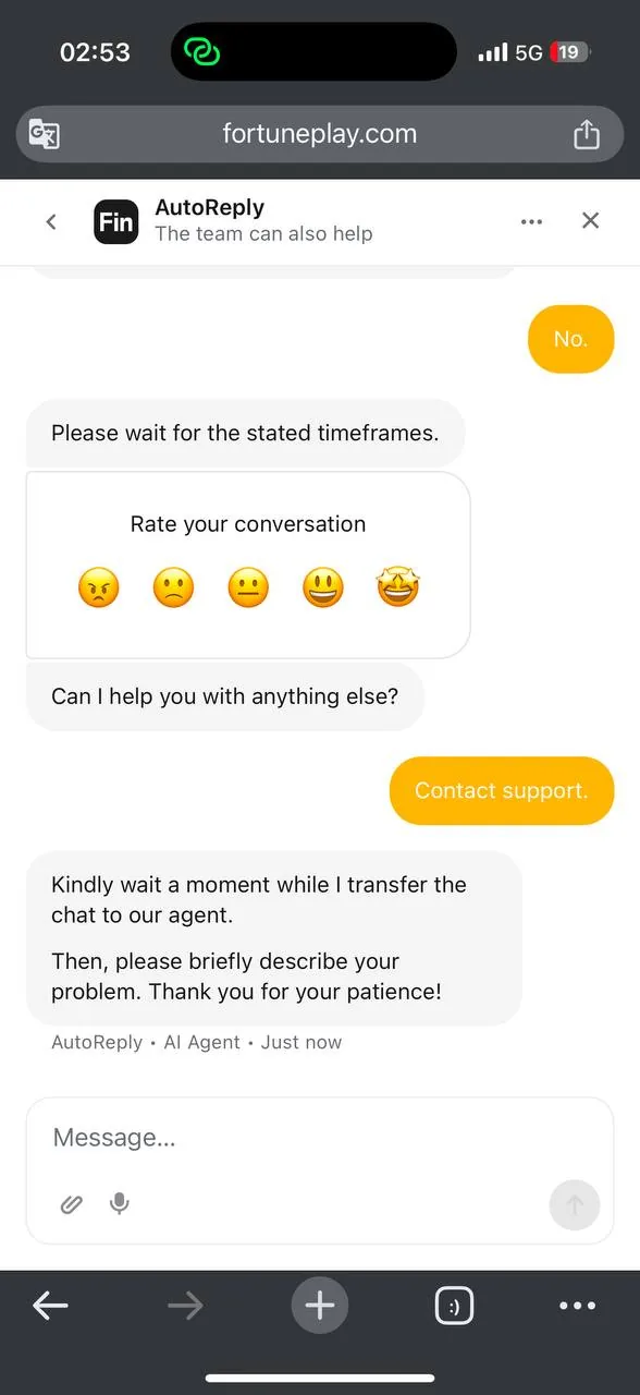 FortunePlay Theo's response confirming withdrawal status screenshot