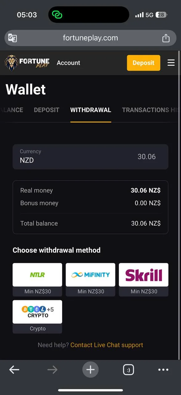 FortunePlay Withdrawal section, June 9, 05:03 screenshot