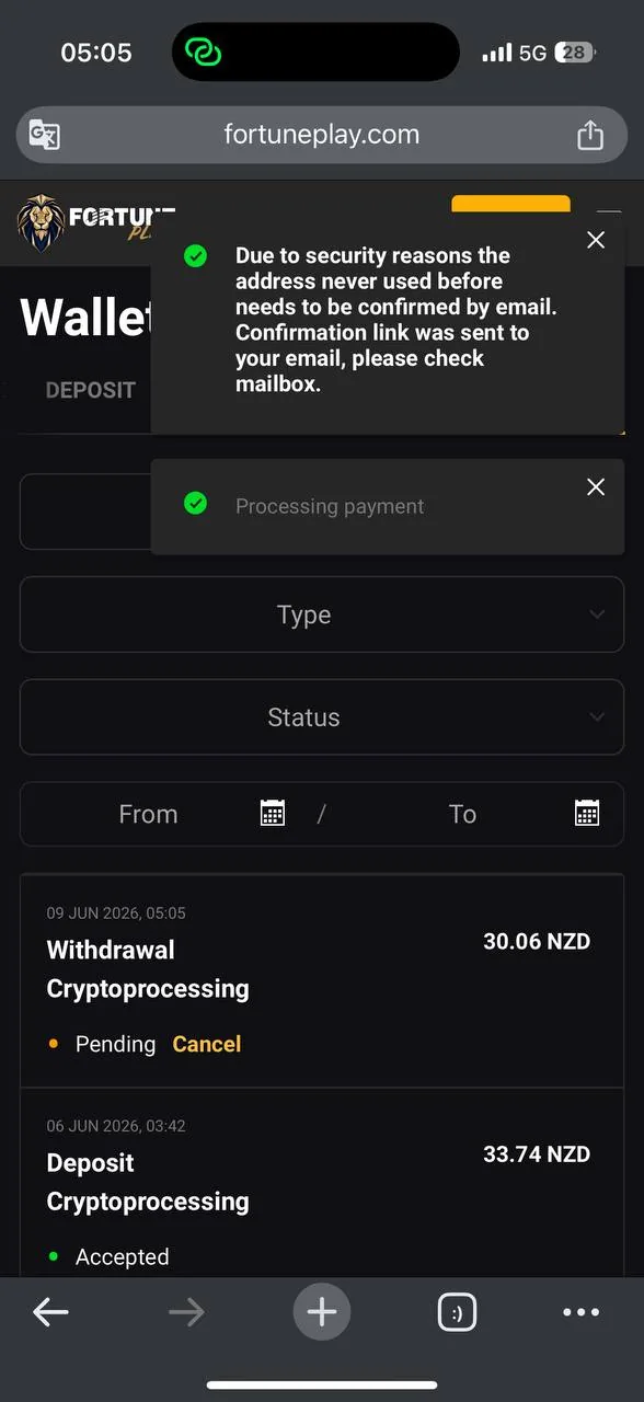 FortunePlay email — new withdrawal address needs confirmation, June 9, 05:06 screenshot
