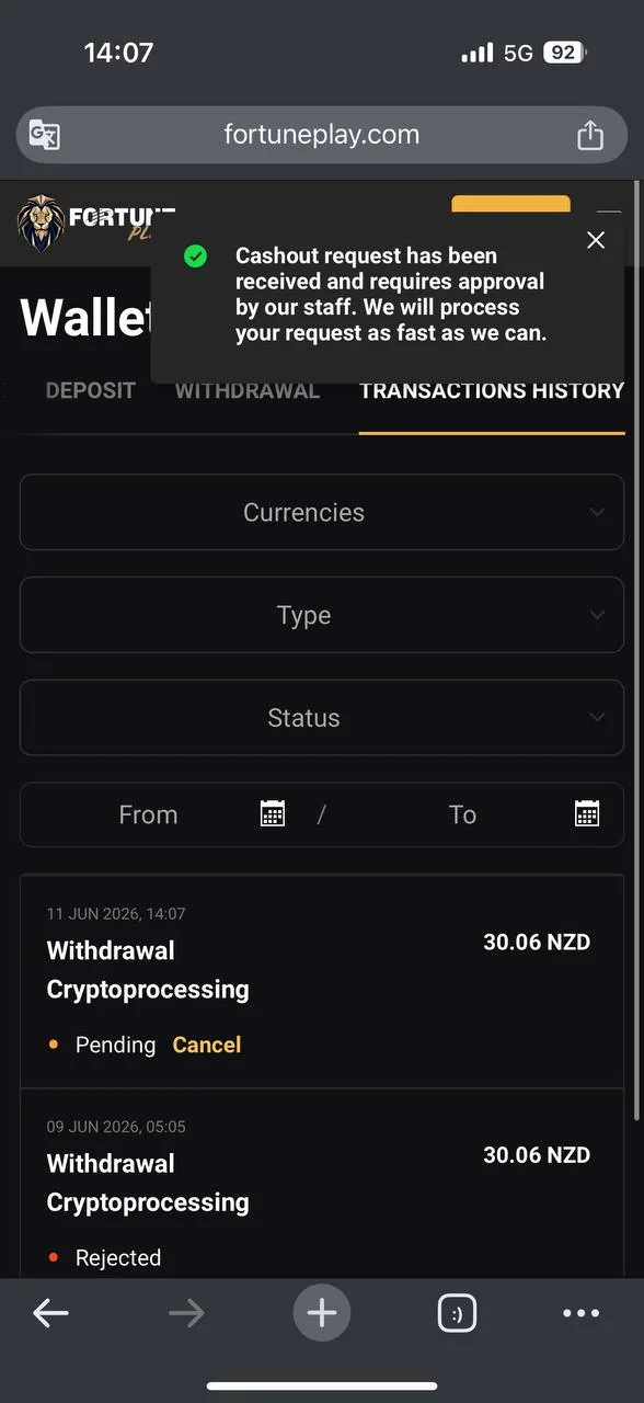FortunePlay email — withdrawal cancelled, June 10, ~04:35 screenshot