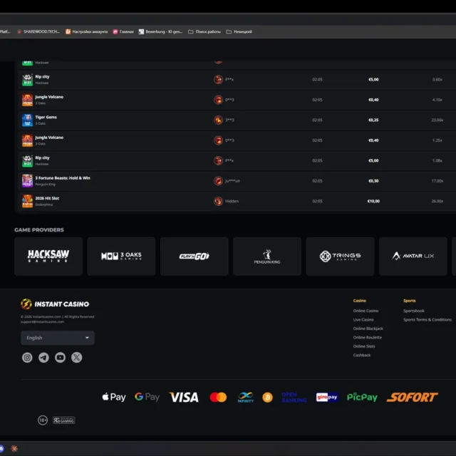 Instant Casino payment methods and active bonus offers before registration — screenshot 1 of 5