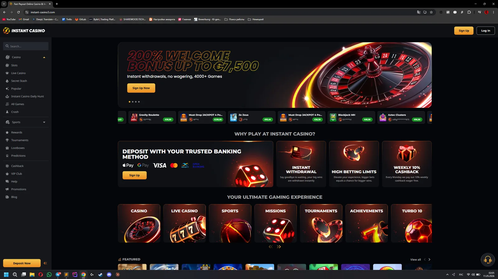 Instant Casino before registration — homepage/lobby screenshot
