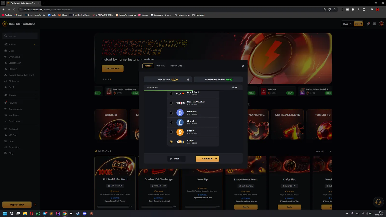 Instant Casino deposit confirmation screenshot