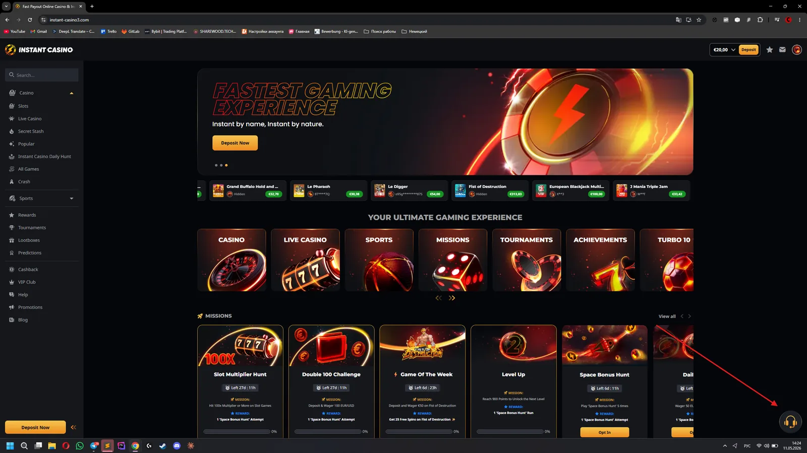 Instant Casino support chat conversation screenshot