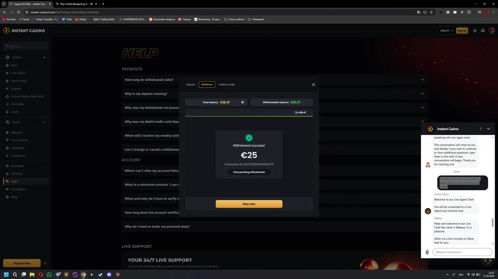 Instant Casino withdrawal request and confirmation screenshot