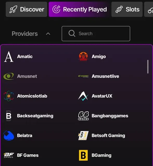 JustCasino provider list and filter, additional screens — screenshot 4 of 5