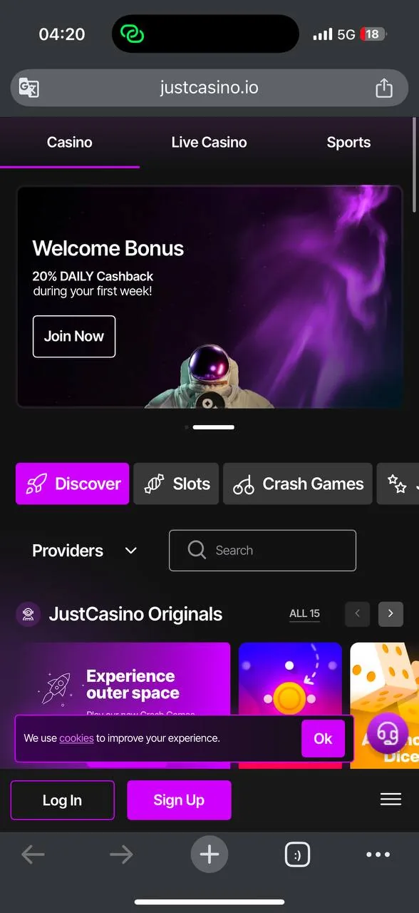 JustCasino justcasino.io homepage — hero section, first impression screenshot