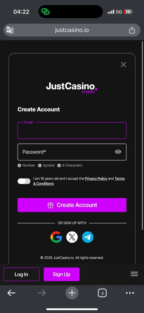 JustCasino registration form — email + password fields screenshot