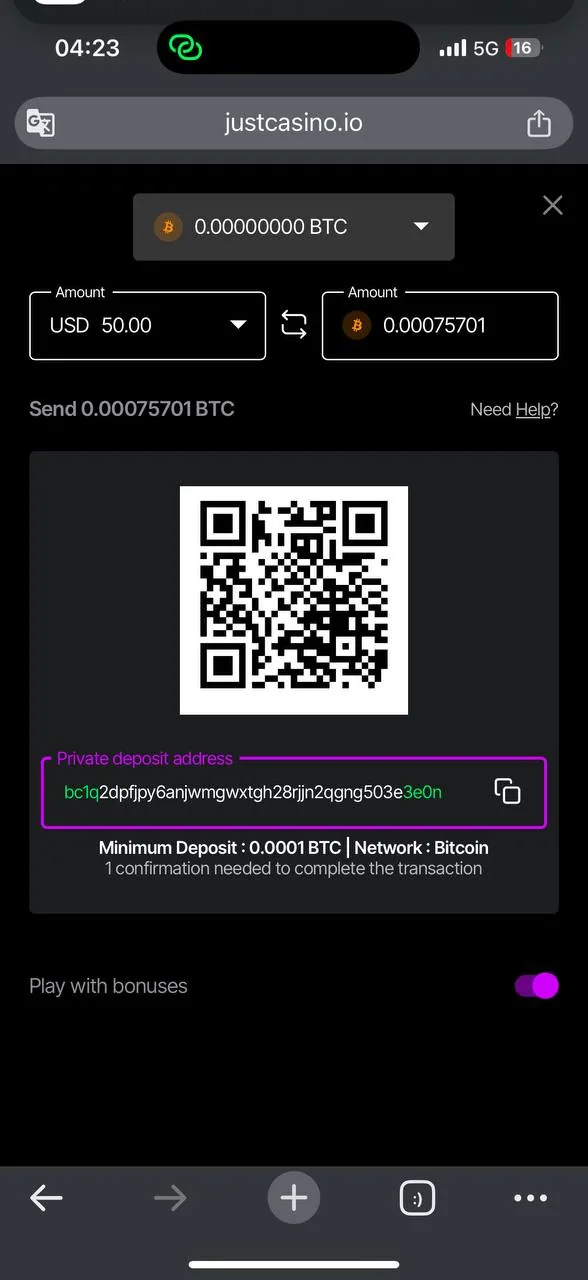 JustCasino first login to the dashboard — main screen showing TON 14.05 balance, Level 1 