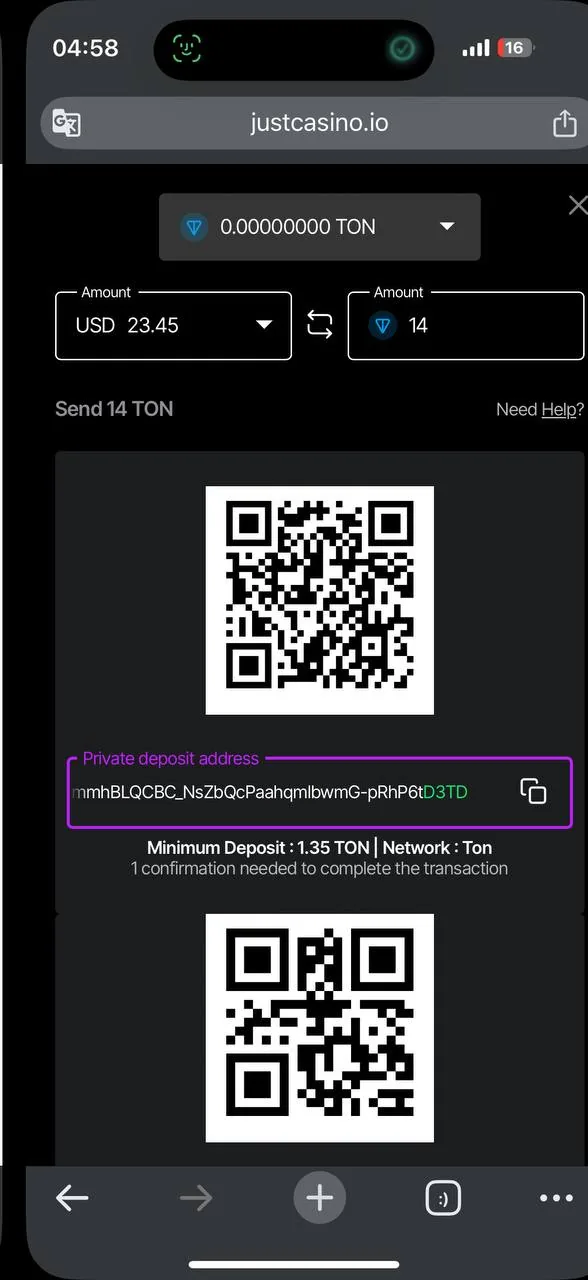 JustCasino deposit form — sending 14 TON, private deposit address, min. 1.35 TON, TON network screenshot