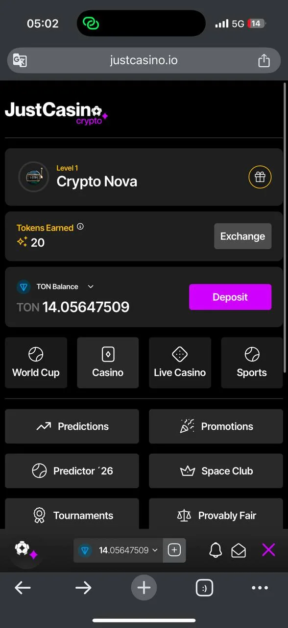 JustCasino USDT cashier — TRC20/ERC20, min. 5, QR code address screenshot