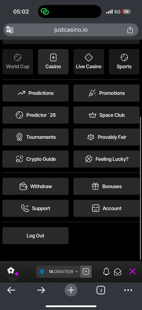 JustCasino full balance list — TON 15.23, BTC/ETH/USDT/LTC/SOL/USDC/TRX/XRP/BNB/DOGE/BCH/ADA, Total $26.04 screenshot