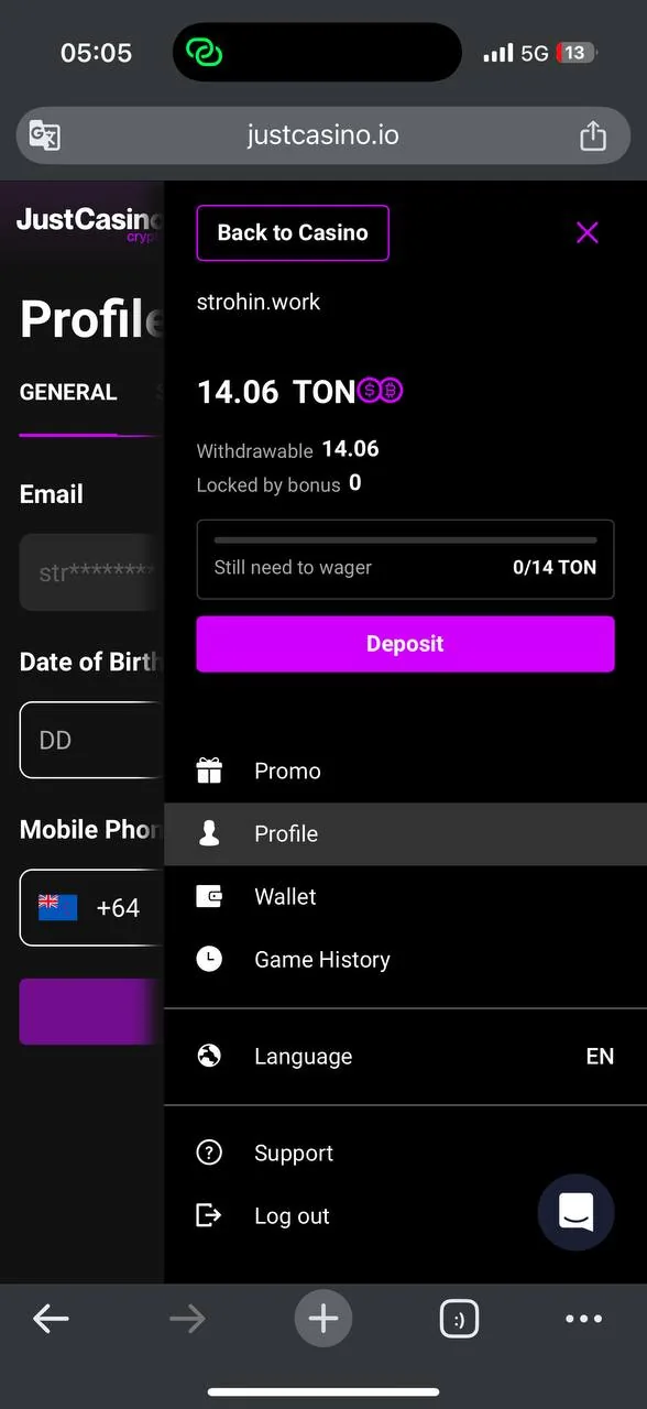 JustCasino balance menu — 14.06 TON, Withdrawable 14.06, Locked by bonus 0, progress bar 